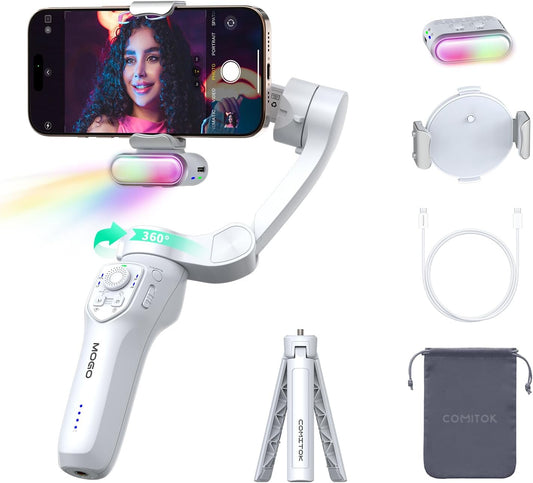 Only for iPhone, MOGO [Apple MFi Certified] Gimbal Stabilizer with Phone Clamp & RGB Light, Video Gimbal Stabilizer Allows Select Tracking Subject, Gaze-Tracking for iPhone 16 15 Pro Max