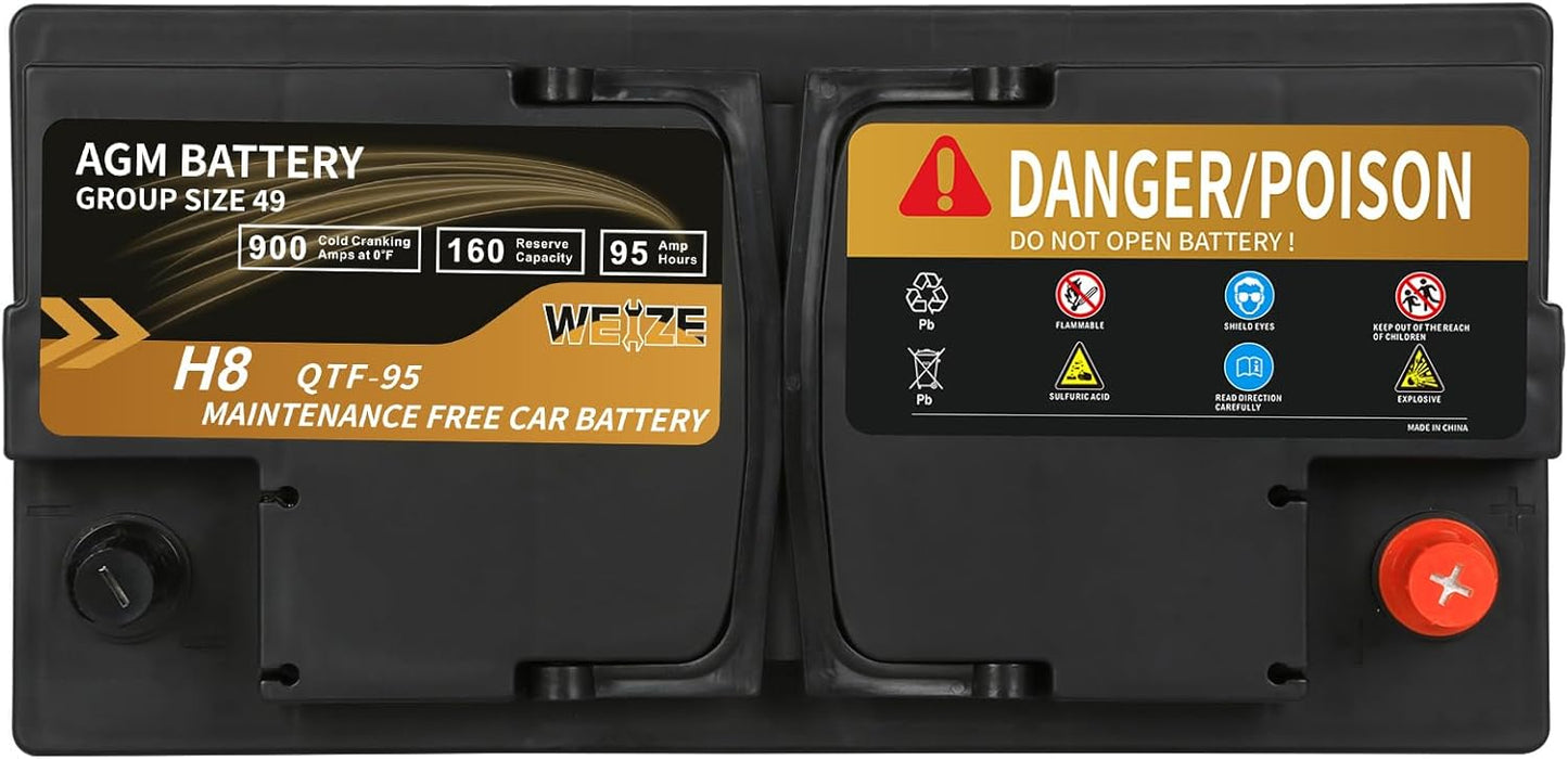 Weize Platinum AGM Battery BCI Group 49-12v 95ah H8 Size 49 Automotive Battery, 160RC, 900CCA, 36 Months Warranty, Dimensions 13.9" L x 6.89" W x 7.48" H