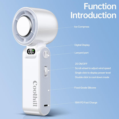Handheld Portable Fan with Ice Cooler: 100-Speed 5500mAh Rechargeable Handheld Fan, 12H Time Hand Cooling Personal Fans with 20000 RPM Air Turbo Tech for Travel Outdoor (White)