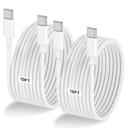2-Pack 10FT 60W USB C to USB C Cable, Type C to Type C Cable,Fast Charging Cable Compatible with iPhone 15/Plus/15 Pro/Pro Max，Samsung Galaxy S23 S22, iPad Pro, MacBook Air and More