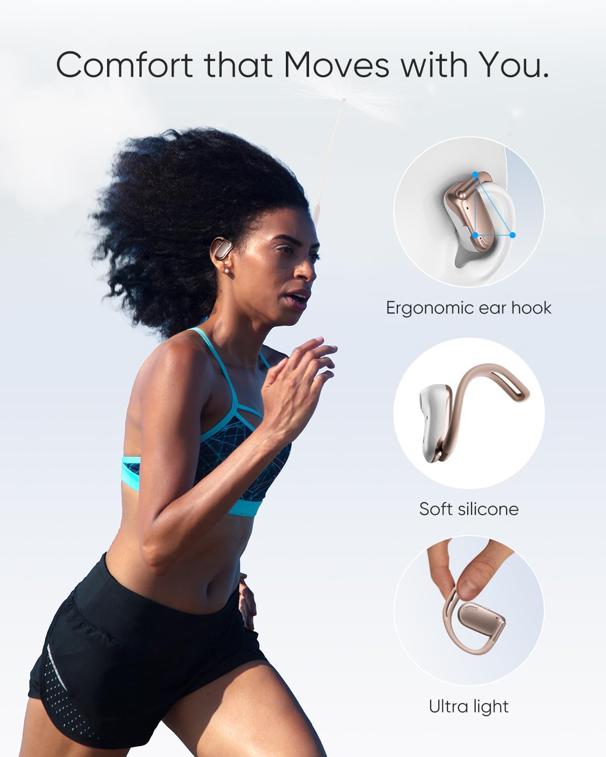 Open Ear Headphones, 0.28oz Lightweight Next-Gen Bluetooth 5.4 Air Conduction Wireless Earbuds w/Extra Bass, 48H Playtime, 3 EQ Modes, ENC Mic, IPX5, Snug Fit for Workout Running Gold Rose