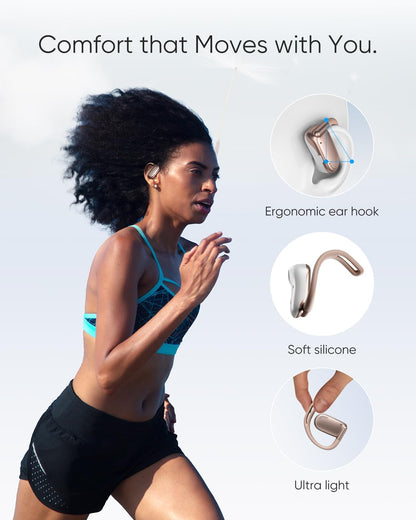 Open Ear Headphones, 0.28oz Lightweight Next-Gen Bluetooth 5.4 Air Conduction Wireless Earbuds w/Extra Bass, 48H Playtime, 3 EQ Modes, ENC Mic, IPX5, Snug Fit for Workout Running Gold Rose
