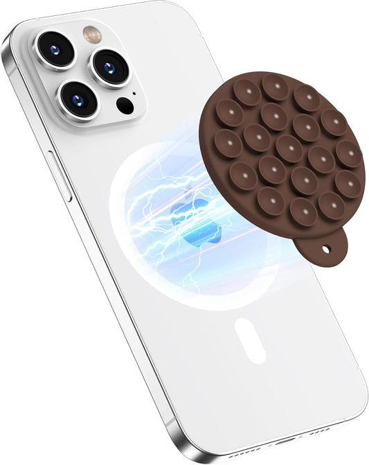 Magnetic Suction Cup Phone Mount for MagSafe Case, Silicone Hands-Free Phone Grip Holder for iPhone and Android, Mirror Shower Phone Stand for Makeup FaceTime Gym Kitchen Bathroom, Chocolate
