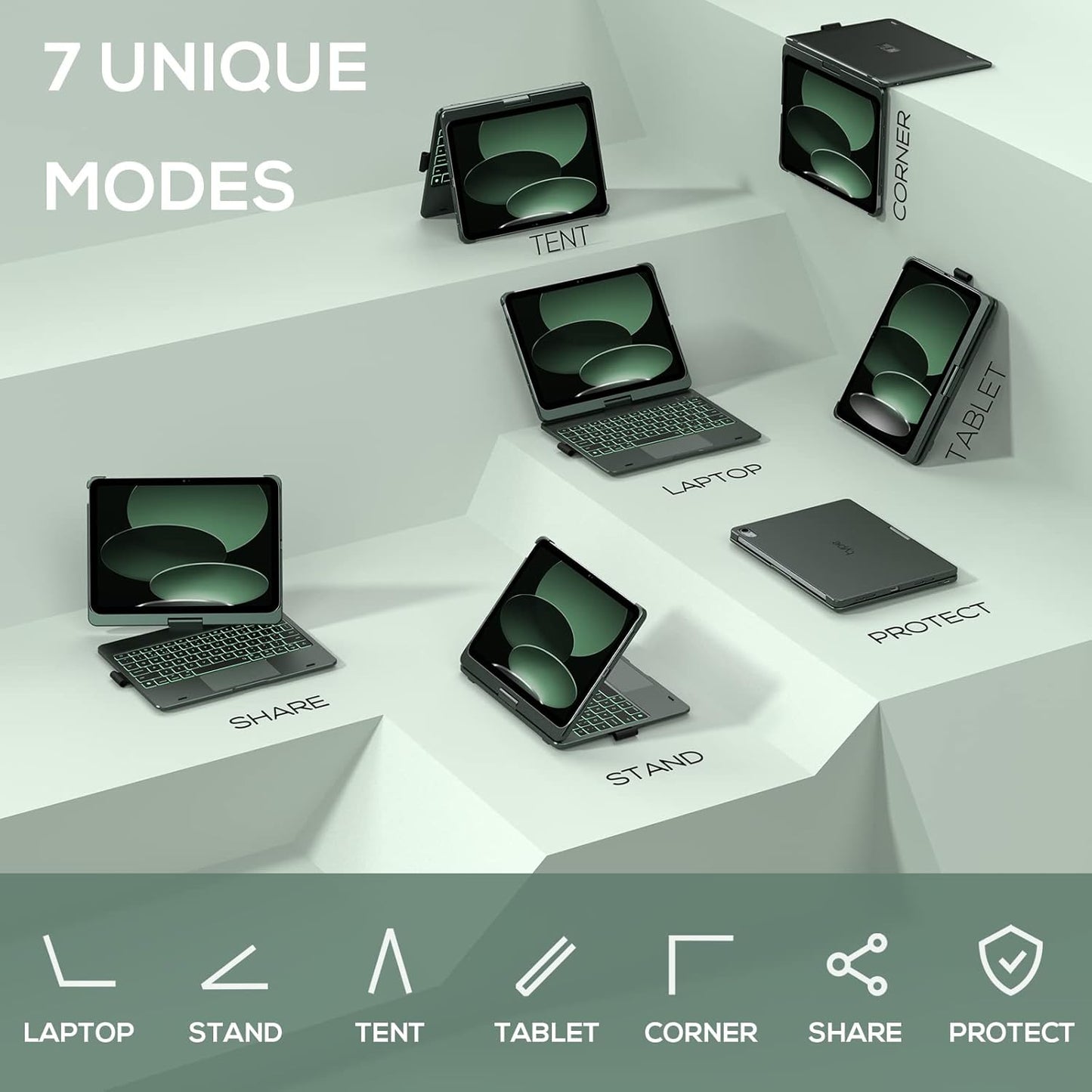 typecase Touch iPad 10th Generation Case with Keyboard (10.9", 2022) and iPad A16 (11th Gen, 2025) – 360° Rotatable, 11-Color Backlit, Multi-Touch Trackpad, Thin & Light (Midnight Green)