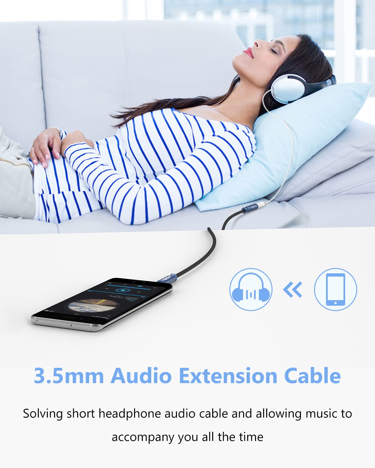 MillSO 3.5mm Headphone Extension Cable Nylon Braided (8 FT/2.4 M) 4 Pole TRRS Male to Female Stereo Aux Audio Extension Cable for PC Smartphone Speaker or More Devices - [Seablue Young Series]