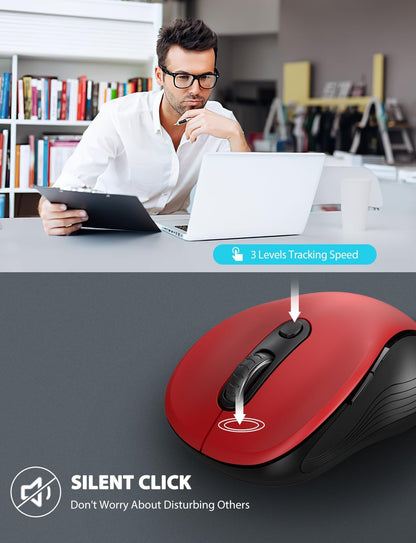 Trueque Wireless Mouse for Laptop, 2.4GHz Ergonomic Computer Mouse with Back & Forward Buttons, 3 Adjustable DPI Levels, 6 Buttons, Optical USB Cordless Mice for Windows Chromebook MacBook PC (Red)