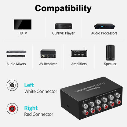 Y.D.F 4-Way Bi-Directional RCA Switch, HiFi AV L/R Sound Channel 2 in 4 Out or 4 in 2 Out, L/R Sound Channel Audio Switcher Splitter RCA Stereo Selector for DVD Stereo Speaker CD Player