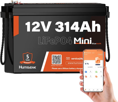 12V 314Ah LiFePO4 Lithium Battery with Bluetooth – 4.19kWh Energy, 100A BMS, 15000+ Cycles, Low-Temp Protection – for RV, Marine, Solar, Off-Grid, Home Backup (Compact & Lightweight)