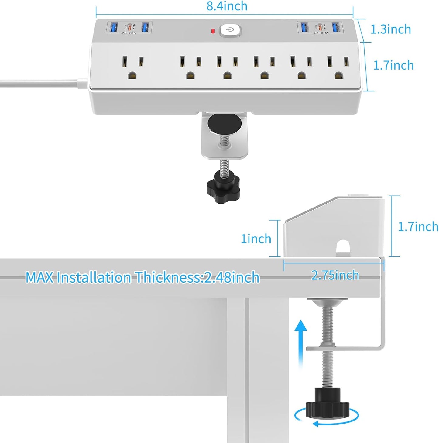 Clamp Power Strip Tall, 40W Fast Charging Station,Desk Mount Desk Shelf with 6 Outlets 6USB Ports (2USB C), 10Ft Extension Cord Home Office Essentials, Fit 2.48" Tabletop Edge