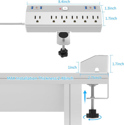 Clamp Power Strip Tall, 40W Fast Charging Station,Desk Mount Desk Shelf with 6 Outlets 6USB Ports (2USB C), 10Ft Extension Cord Home Office Essentials, Fit 2.48" Tabletop Edge