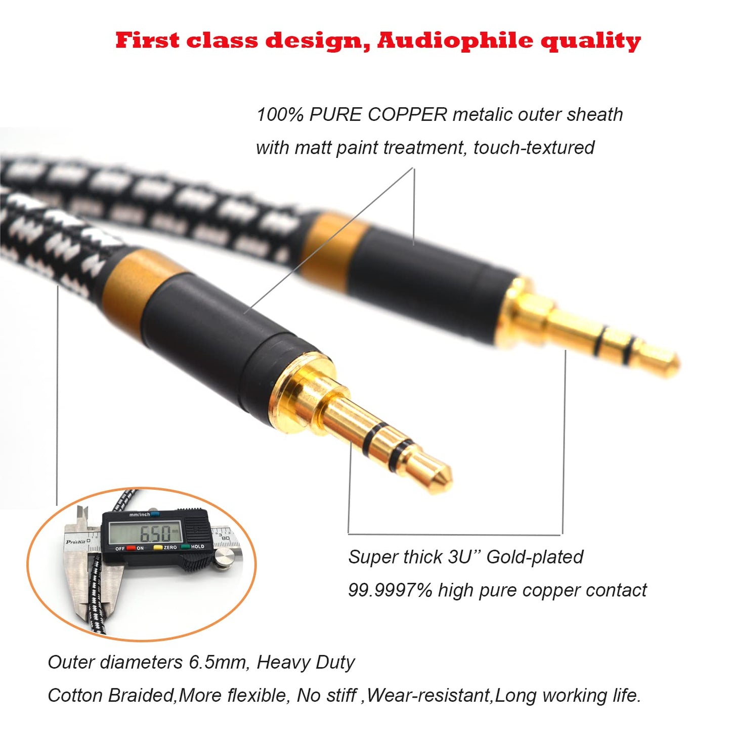 Aux Cord, Audiophile 3.5mm Stereo Audio Cable [1m (3.2 Feet), Silvered-Plated Copper core], Unbreakable and Great for Phone, Laptop, Tablets, Headphones, Cars and More