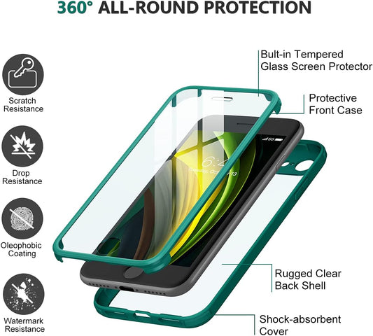 Miracase for iPhone SE Phone Case 3rd/2nd Generation 2022 2020 Full-Body with Built-in Glass Screen Protector, Heavy Duty 360° Protective Shockproof Bumper Cover for iPhone 8/SE, Green