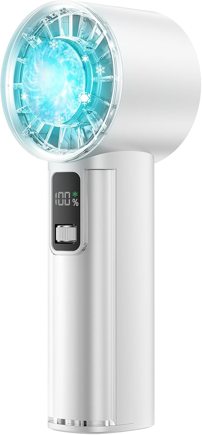 PANERGY High Speed Handheld Fan with Ice Cooler,1-100 Speed Adjustable Mini Turbo Fan, 4000mAh Battery Rechargeable & Digital Display,Gifts for Women Men Travel/Office/Beach/Camping(White)