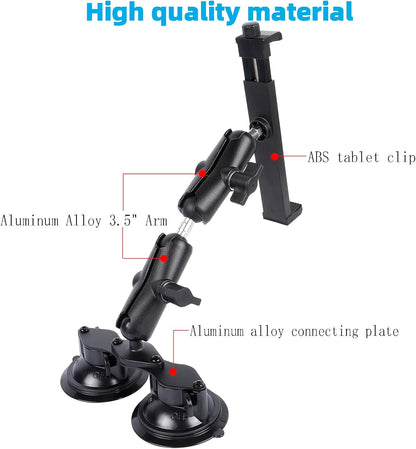 Dual Suction Cup Tablet Mount for Truck/Car, 13.4 Inch Aluminum Arm, 360° Adjustable 2-Stage Tablet Stand Holder, Compatible with iPad Pro/Air/Mini, Galaxy Tab and All 6.5-12.9" Tablets