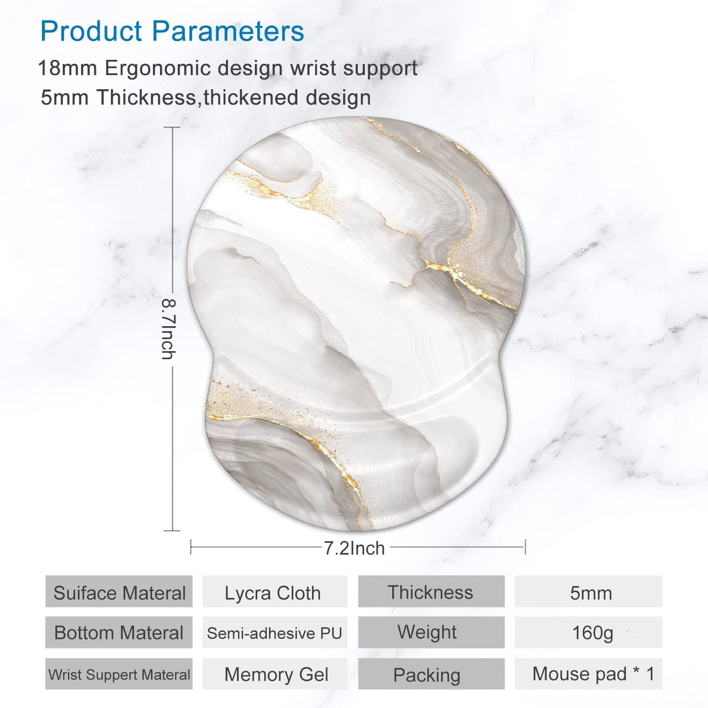 ITNRSIIET Ergonomic Mouse Pad with Gel Wrist Support Small Wrist Rest Smooth Surface Non-Slip PU Base Comfortable Office Supplies Pain Relief, 8.7 x 7.2 inches, White marbling