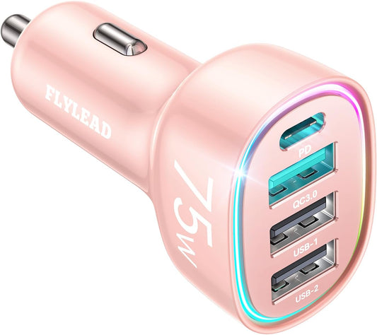 USB C Car Charger Cigarette Lighter Adapter 75W 4-Port Fast Car Charger Fast Charging Compatible with iPhone16/15/14/13 Series- Pink