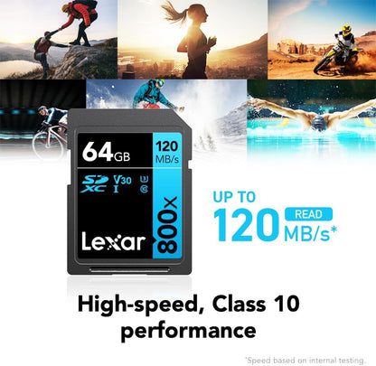 Lexar High-Performance 800x 64GB (2-Pack) SDXC UHS-I Memory Cards, C10, U3, V30, Full-HD & 4K Video, Up to 120MB/s Read, for Point-and-Shoot Cameras, Mid-Range DSLR, HD Camcorder (LSD0800064G-B2NNU)