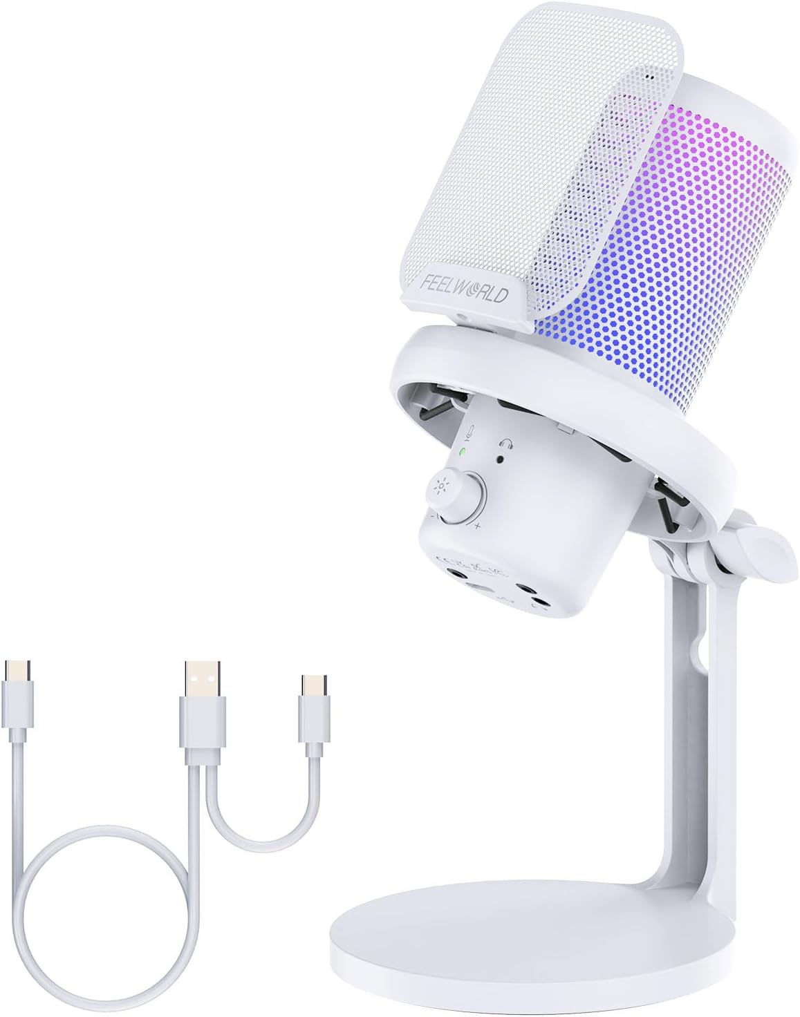 FEELWORLD VM1 White Gaming PC USB Microphone Condenser Mic with Noise Cancellation Mute RGB Light, Computer Accessories Gifts for Gamer YouTube Twitch Podcast Streaming Recording Online Chat PS4 PS5