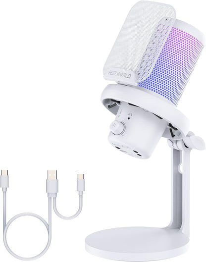 FEELWORLD VM1 White Gaming PC USB Microphone Condenser Mic with Noise Cancellation Mute RGB Light, Computer Accessories Gifts for Gamer YouTube Twitch Podcast Streaming Recording Online Chat PS4 PS5