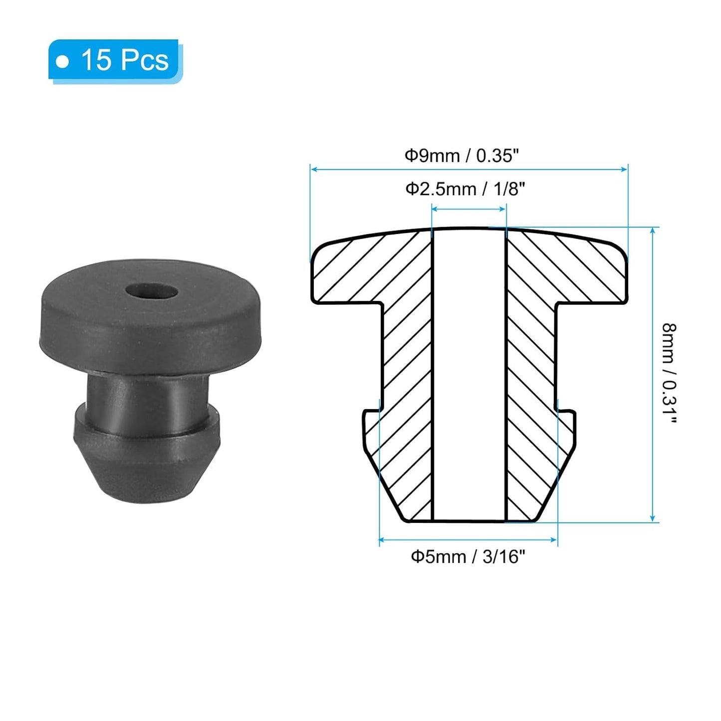 PATIKIL 5mm / 3/16 Inch Drill Hole,1/8 Inch ID Rubber Grommets, 15Pcs Top Hat Grommet for Wiring Eyelet Ring Gasket Automotive Firewall Cable Hole Plugs Wires Protection, Black