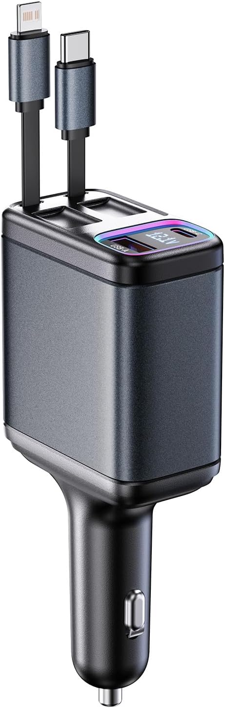 247W Retractable Car Charger with Voltage Monitor&Multicolored Light,5 in 1 USB C Car Charger with 2 Retractable Cable for iPhone 16 15 Pro Max Plus,Laptop,MacBook Air/Pro,Samsung Galaxy S25 S24,iPad