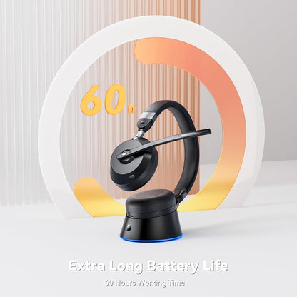 Wireless Headset with Mic for Work, Bluetooth Headphones with Microphone (Noise Cancelling) & Charging Base, Wireless Headset for Work from Home/Office/Call Center/PC/Computer/Teams/Zoom/Skype/Laptop