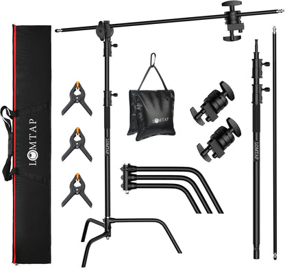 LOMTAP C Stand Light Stand Stainless Metal Photography Kit - Heavy Duty 10.8ft/330cm Vertical Pole, 4.2ft/128cm Boom Arm, Adjustable Base, Water Sandbag, 2 Grip Heads, 3 Clips for Softbox, Reflector
