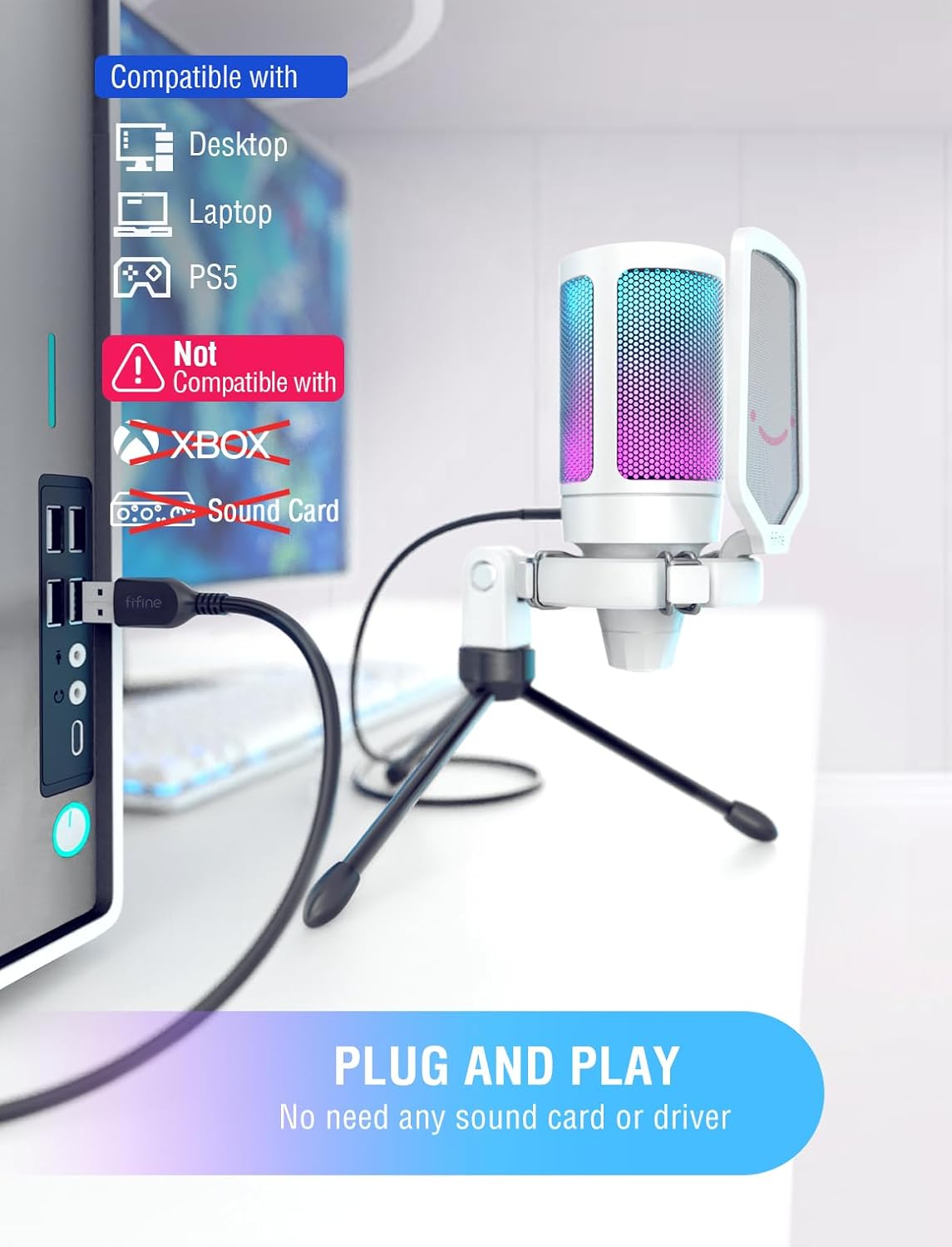 FIFINE AmpliGame USB Microphone, PC Gaming Recording Desktop Laptop Mic, RGB Streaming Podcasting Condenser Mic for Online Game, Vocal, with Mute Button, Gain Knob, Tripod Stand-A6V White