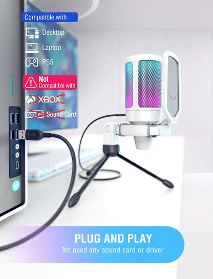 FIFINE AmpliGame USB Microphone, PC Gaming Recording Desktop Laptop Mic, RGB Streaming Podcasting Condenser Mic for Online Game, Vocal, with Mute Button, Gain Knob, Tripod Stand-A6V White