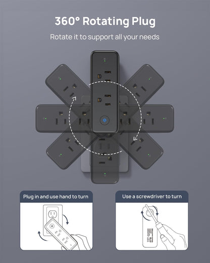 TROND Outlet Extender Surge Protector - 6 AC Outlet Splitter with 360° Rotating Plug, 1440J Multi Plug Expander, 3 Way Swivel Plug Extension Outlet, Wall Adapter for Bathroom Kitchen Travel, Black