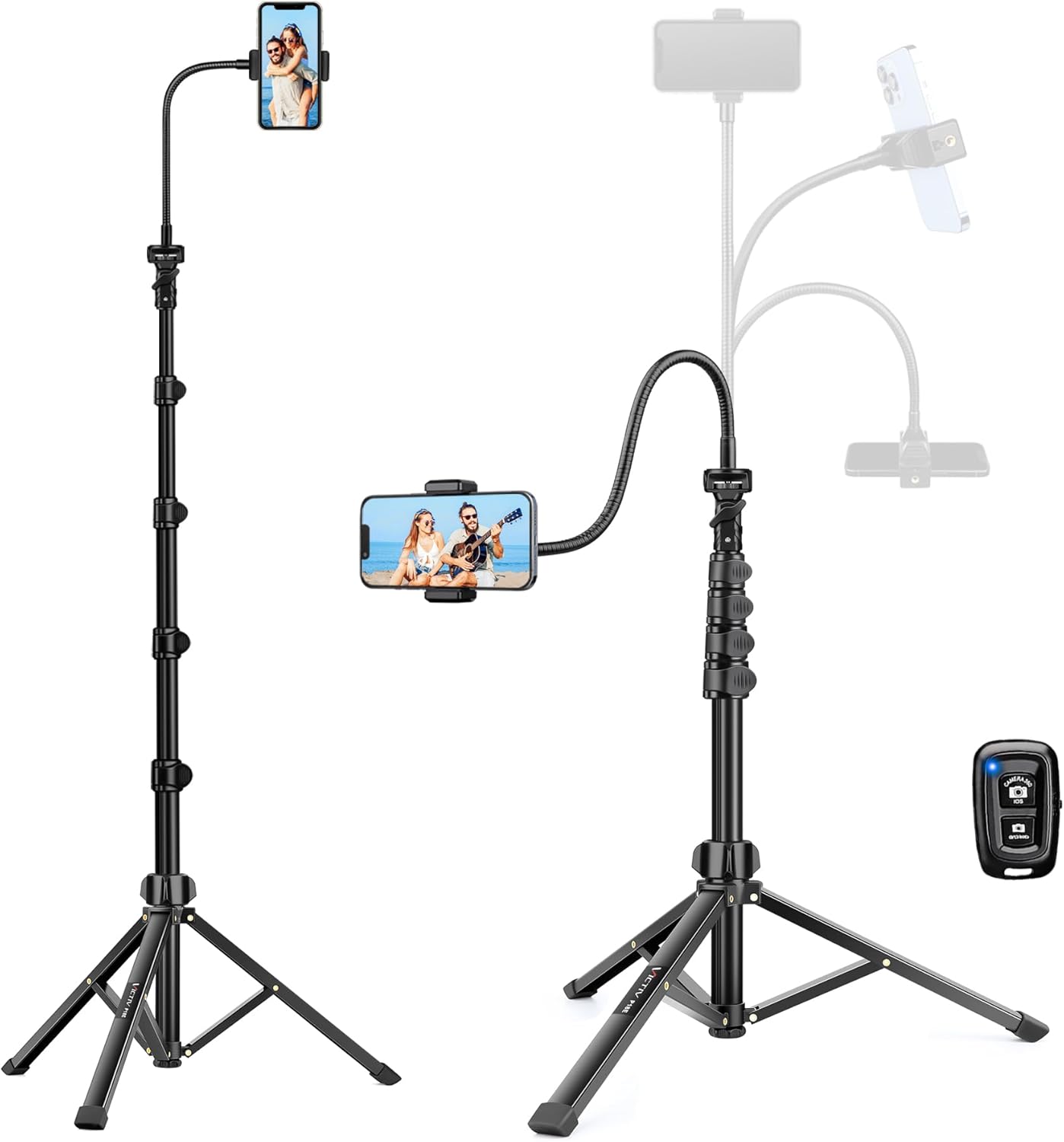 Phone Tripod Stand, 85" Tall Cellphone Tripod for iPhone with Gooseneck Remote, Flexible Portable Phone Stand for Recording, Compatible with iPhone 14 13 12 pro Android Camera