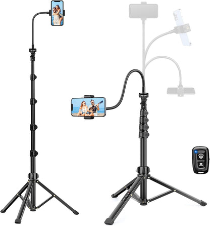 Phone Tripod Stand, 85" Tall Cellphone Tripod for iPhone with Gooseneck Remote, Flexible Portable Phone Stand for Recording, Compatible with iPhone 14 13 12 pro Android Camera