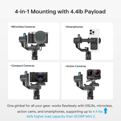 FeiyuTech SCORP Mini 3 [Kit] Gimbal Stabilizer for Smartphone & Mirrorless Cameras, 4.41lbs Payload, Built-in AI Tracking, Quick Vertical Shooting, Bluetooth Control for Sony/Canon/Nikon/DJI/Gopro