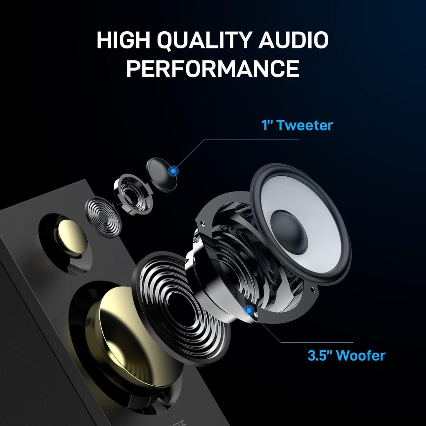 BT16 Active Bookshelf Speakers 3.5" Woofer with 1" Tweeter, 60W RMS-Bluetooth 5.3, Built-in 24bit DAC Dynamic 3D 2.0 Surround Sound, Computer Gaming PC Speakers - Black