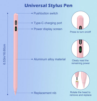MoKo Stylus Pens for Touch Screens, Fast Charge Stylus Pen for Apple iPad/iPhone/Samsung/Lenovo/iOS/Android Tablets&Smart Phone Universal Stylus Capacitive Screen Pencil with Power Display, Pink