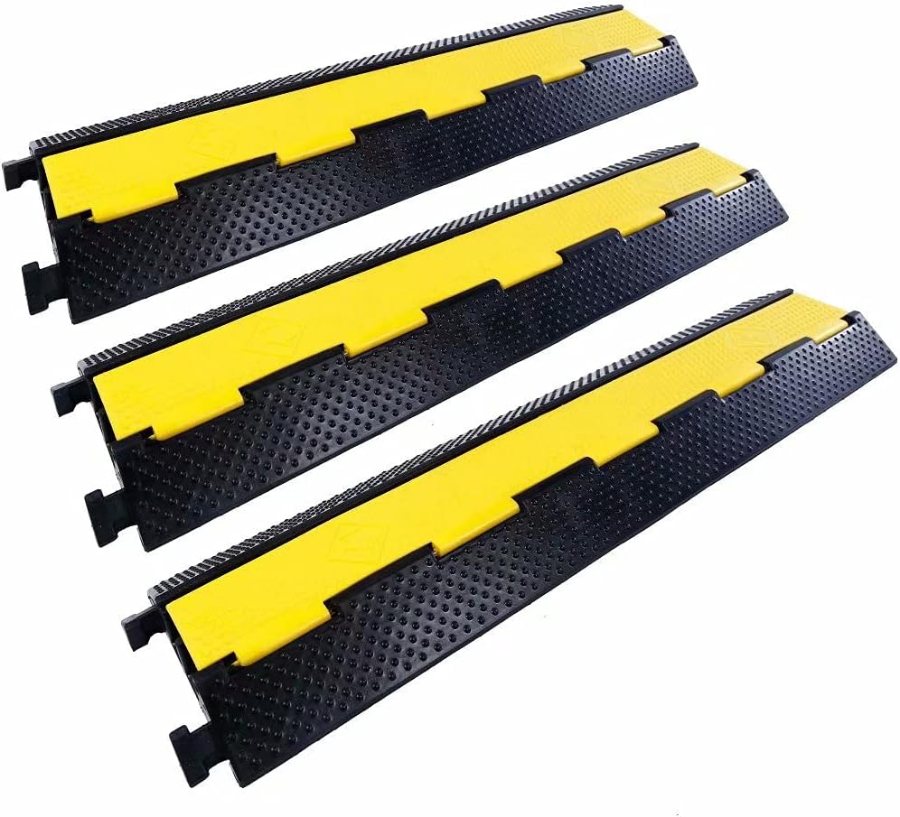 Rubber Cable Ramp Cord Cover Cable Protector Ramps Wire Hose Protective 2 Channel 22000Lbs Load Capacity Traffic Speed Bump for Asphalt Concrete Gravel Driveway Indoor Outdoor, 3 Pack