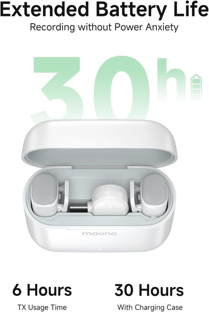 MAONO Wave T1 Mini Wireless Lavalier Microphone for iPhone 16 15 Android Tablet with USB-C Plug, Noise Cancellation, AI Voice Filter, 30H Used with Charging Case for Video Recording TikTok-White