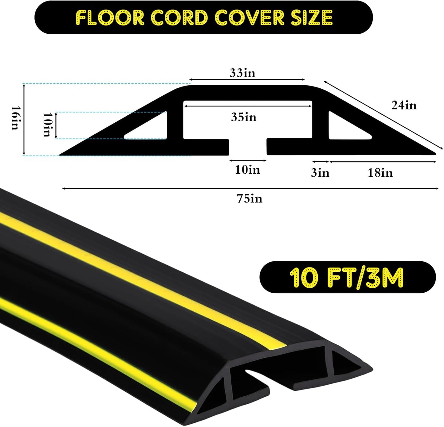 Pangda 10 FT Floor Cable Cover Heavy Duty Cord Cover Protector Power Cable Protector Soft Extension, Organize and Protect Wire on Floor for Home Office or Outdoor Settings (Black, Yellow)
