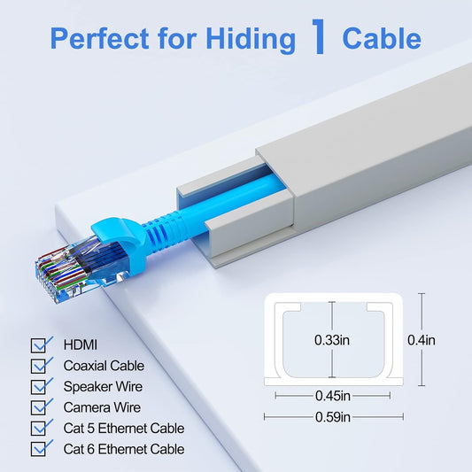 Yecaye Grey Cord Hider, One-Cord Channel Cord Cover on Wall, Cable Management Kit, Wire Covers for Cords, Cable Raceway, W0.59in H0.4in, Grey