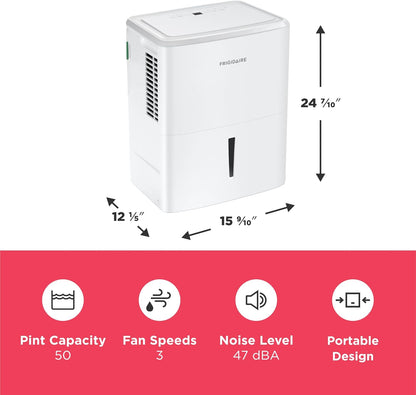 Frigidaire 50-Pint Portable Dehumidifier with Wi-Fi and Energy Star Certification for Medium/Large Rooms & Basements, Custom Humidity Control, Auto Shut Off, White