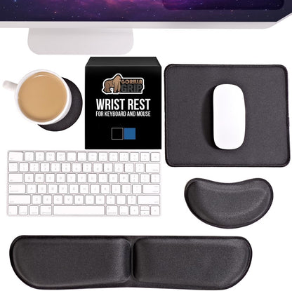 GORILLA GRIP Silky Memory Foam Keyboard Wrist Rest and Mouse Pad for Computer, Ergonomic Design Typing Support, Desk Office Supplies, Hand & Arm Mousepad Cushion and Coaster, 4 Piece Set, Black