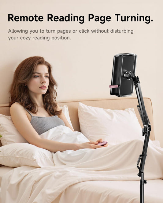 Floor Stand for Kindle with Remote Page Turner, Holder Stand for Reading in Bed with Clicker – for Kindle Paperwhite, Oasis,Tablet, iPhone and More 4.7-11 inch,Pink Remote