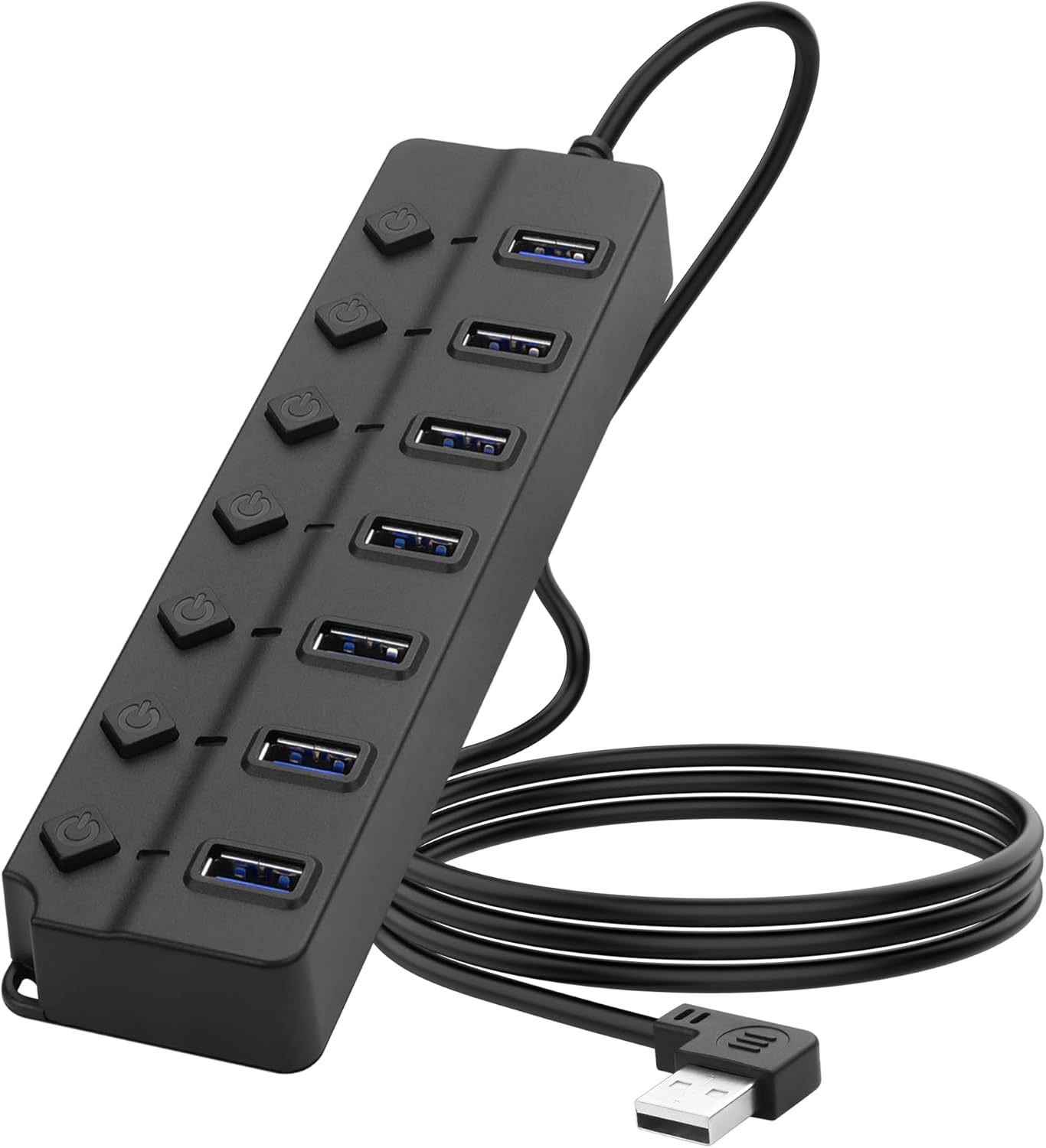 90 Degree USB Hub Splitter YACSEJAO USB 2.0 Data Hub with Individual LED Button On/Off Switch DC5.5 * 2.1 Power Port for Laptop,PC Computer (7 Ports, 1M)