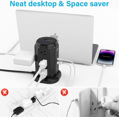 AiJoy Flat Plug Power Strip Tower with 9 Outlets and 5 USB Ports (2 USB-C), 1200J Surge Protection, 1625W Extension Cord with Multiple Outlets Charging Station for Home Dorm Office Supplies