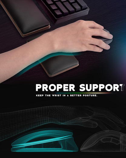 ASFSKY Keyboard and Mouse Wrist Rest Set with RGB - Memory Foam & Wooden Base Ergonomic Wrist Support Pad with PU Leather Cover, Non-Slip, Durable & Easy-to-Clean Wrist Cushion for Office, Gaming Desk