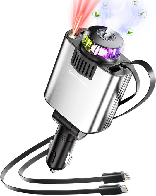 Retractable Car Charger with Air Freshener Diffuser & Star Lights,Multi Port Cigarette Lighter Adapter for iPhone Car Phone Charger USB-C/Type-C Fast Charging with 2 Retractable Cable,Car Aromatherapy