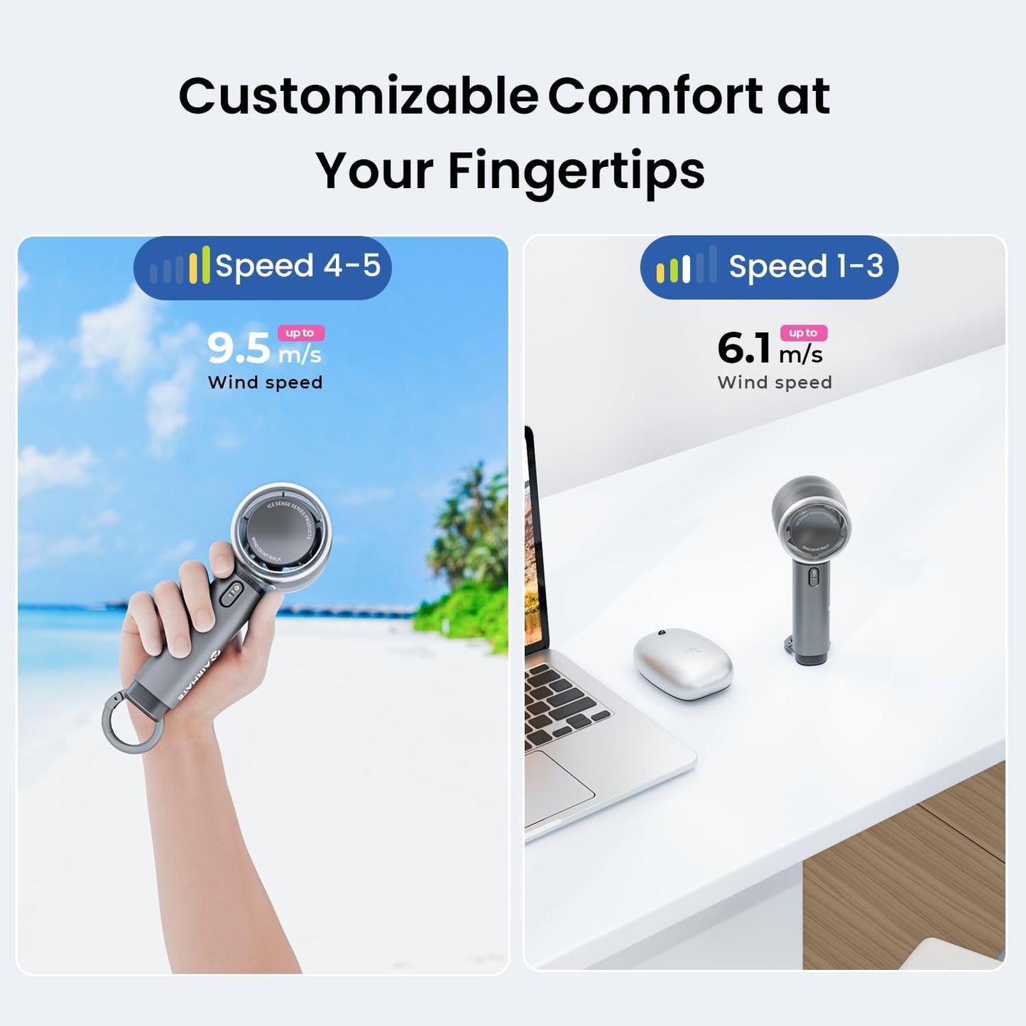 AIRMATE Portable Handheld Fan, 5 Wind Speed Adjustable, 3000mAh Battery Rechargeable, Durable Motor, 13000RPM Super Powerful Wind, Personal Turbo Hand Held Mini fan for Makeup/Travel/Outdoor (Grey)