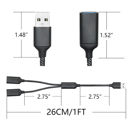 USB Splitter Cable 1FT, USB A Male to Dual USB A Female Y Splitter Adapter 1 in 2 Out, Power & Data with OTG Function Intelligent Chip, for Smartphone, Laptop, Car etc