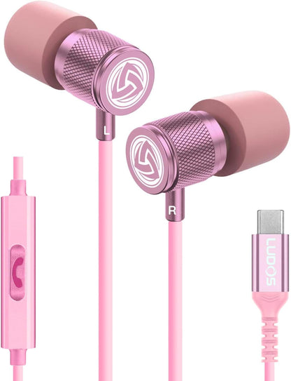 LUDOS Ultra USB C Headphones for iPhone 16 15 Pro Max Plus iPad Pro, 5 Years Warranty, Magnetic USB-C Earbuds for Samsung Galaxy S24 S23 Ultra S22 S21 FE S20 A55 A54 A53, USB Type C Earphones - Pink
