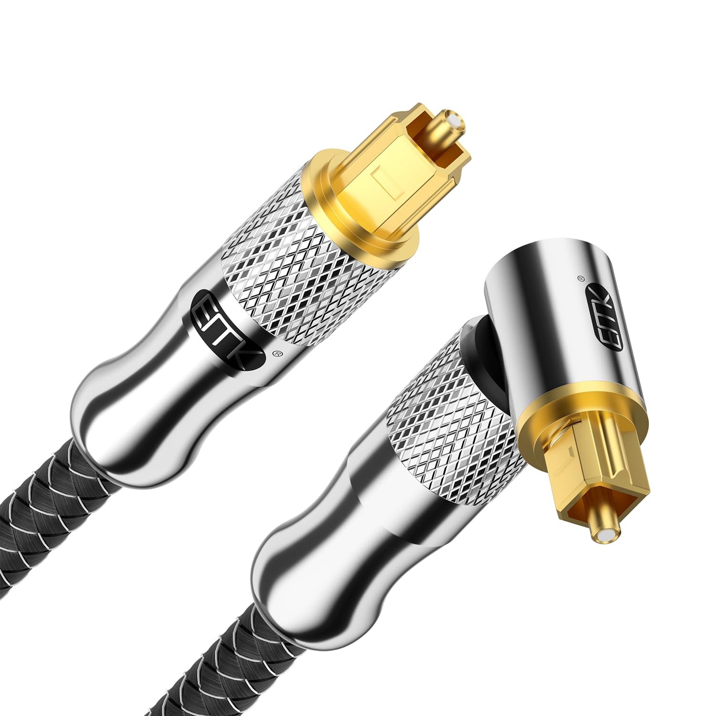 EMK Premium 24K Gold-Plated Right Angle Optical Cable – 90° Toslink to Toslink (1.2M/4Ft), 360° Rotatable for Soundbars, TVs & Home Theater